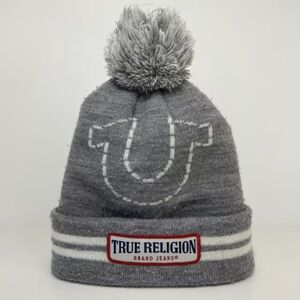 True Religion Brand Jeans Beanie Winter Hat Stocking Cap Gray Logo Patch Pom Top